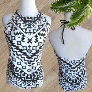 EKOUAER BLACK & WHITE HALTER ONE PIECE SWIMSUIT